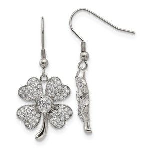 Steel Polished with CZ 4-Leaf Clover Shamrock Dangle Shepherd Hook Earrings
